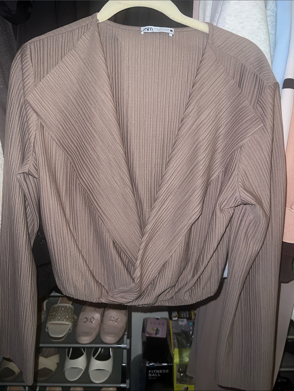 Zara Ribbed Taupe Wrap-Front Long Sleeve Top